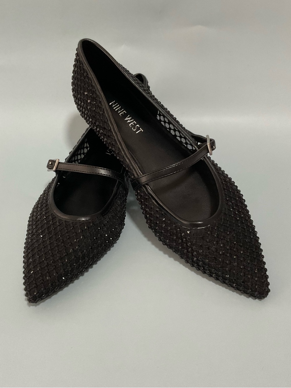 Nine West Breen Mary Jane Black Rhinestone Encrusted Mesh Flat SIZE 8